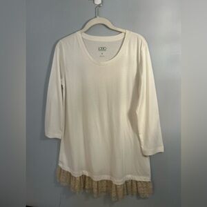 LOGO by Lori Goldstein Cream Tunic with Tan Lace Hem